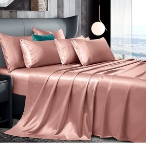7Pcs Rose Gold Satin Silk Sheets Queen Size